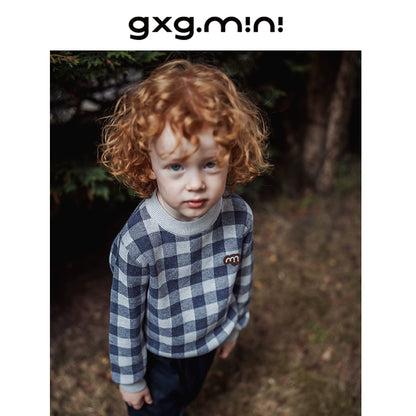 -長袖ニットセーター 綿100% チェック柄 クルーネック シンプル【mh0011341】 - mamahalo shop - ニット・セーター -  べビー服 - 子供服 - 男の子 - 女の子