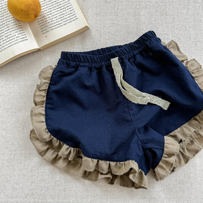 紺のコットンショートパンツ、ベージュフリルと結び紐、前面切替