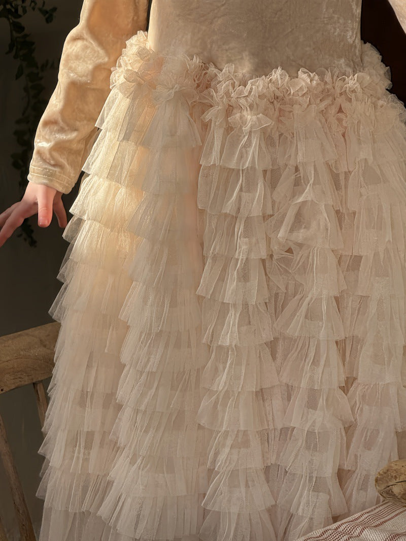 長袖ワンピース ベロア チュチュ チュールスカート パーティドレス【mh0011881】