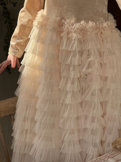 長袖ワンピース ベロア チュチュ チュールスカート パーティドレス【mh0011881】