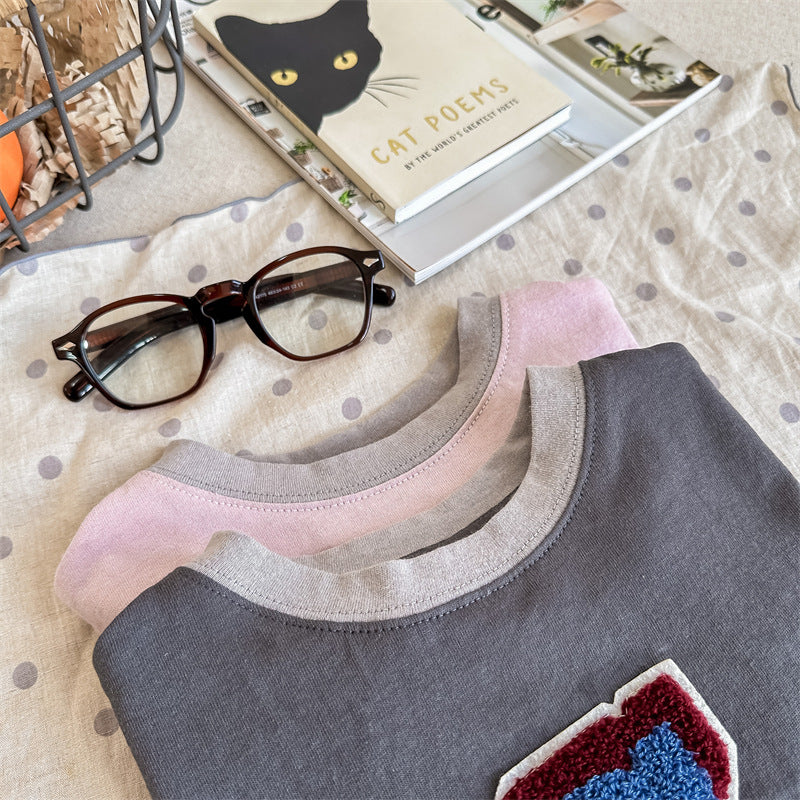 Kids' Alphabet Patchwork Applique Ringer Loose Short-Sleeved T-Shirt [mh0001820]