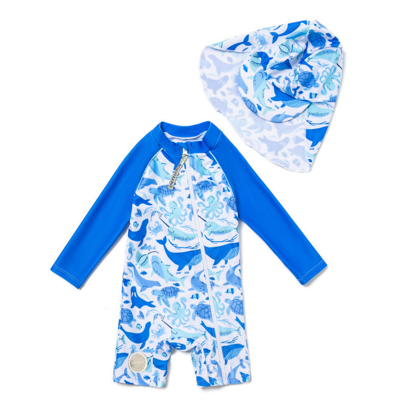 One-Piece Surf Wear With Matching Cap プリント 長袖水着 帽子セット【mh0013315】