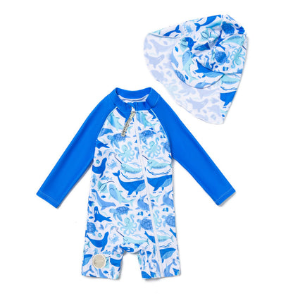 One-Piece Surf Wear With Matching Cap プリント 長袖水着 帽子セット【mh0013315】