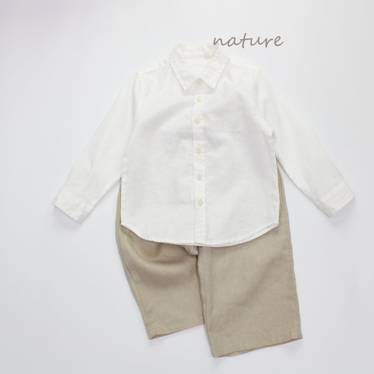 Embroidered Deer Linen Blend Top ワンポイント長袖シャツ【mh0013630】