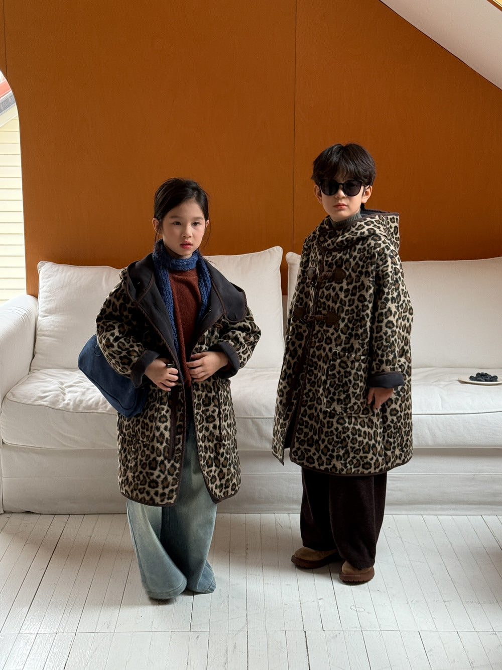 ダッフルコート キッズ レオパード柄 中綿 裏起毛 フード付 ロング丈【mh0011678】
