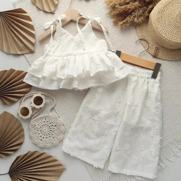Kids' Floral Embroidered Lace Camisole with Shoulder Ties and Tiered Ruffles & Wide Leg Pants Set [mh0013872]