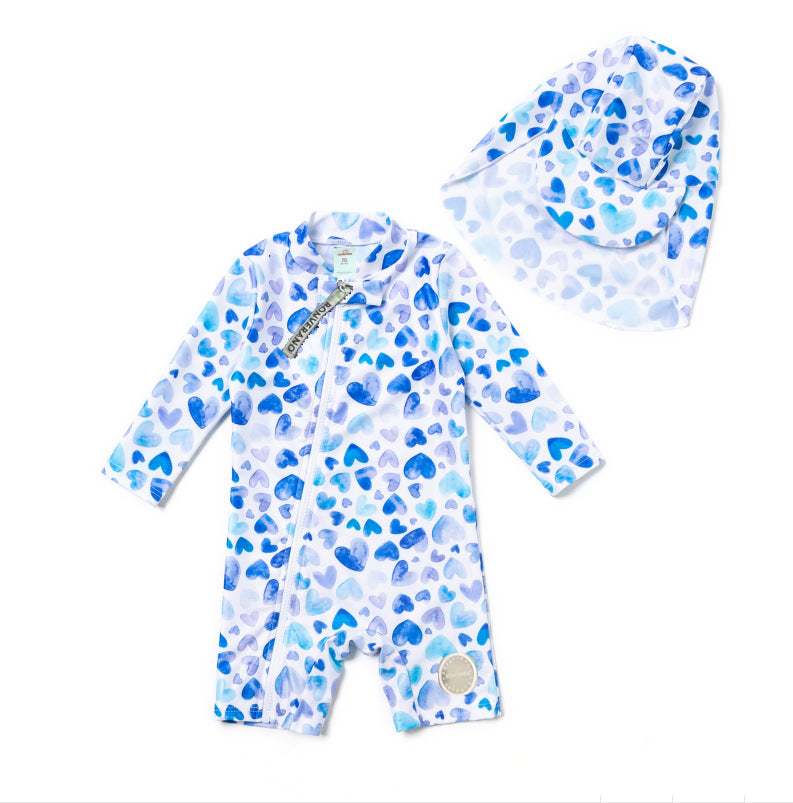 Long-sleeve Diagonal Zipper One-piece Beach Sun Protection Surf Suit ボタニカル 長袖水着 帽子セット【mh0013316】