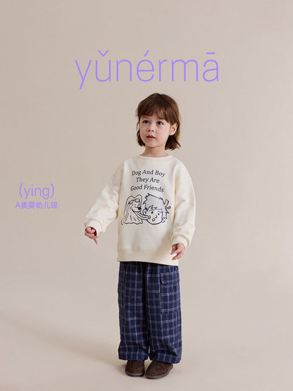 キッズチェック柄ワイドロングパンツ、フラップポケット、ネイビー系