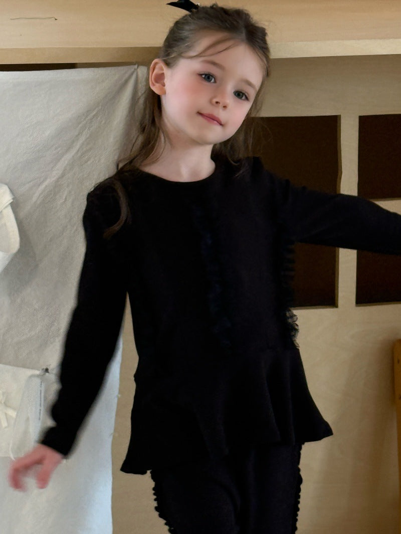 Kids' Plain Ruffle Mellow Crew Neck Long Sleeve Knit Sweater [mh0014081]