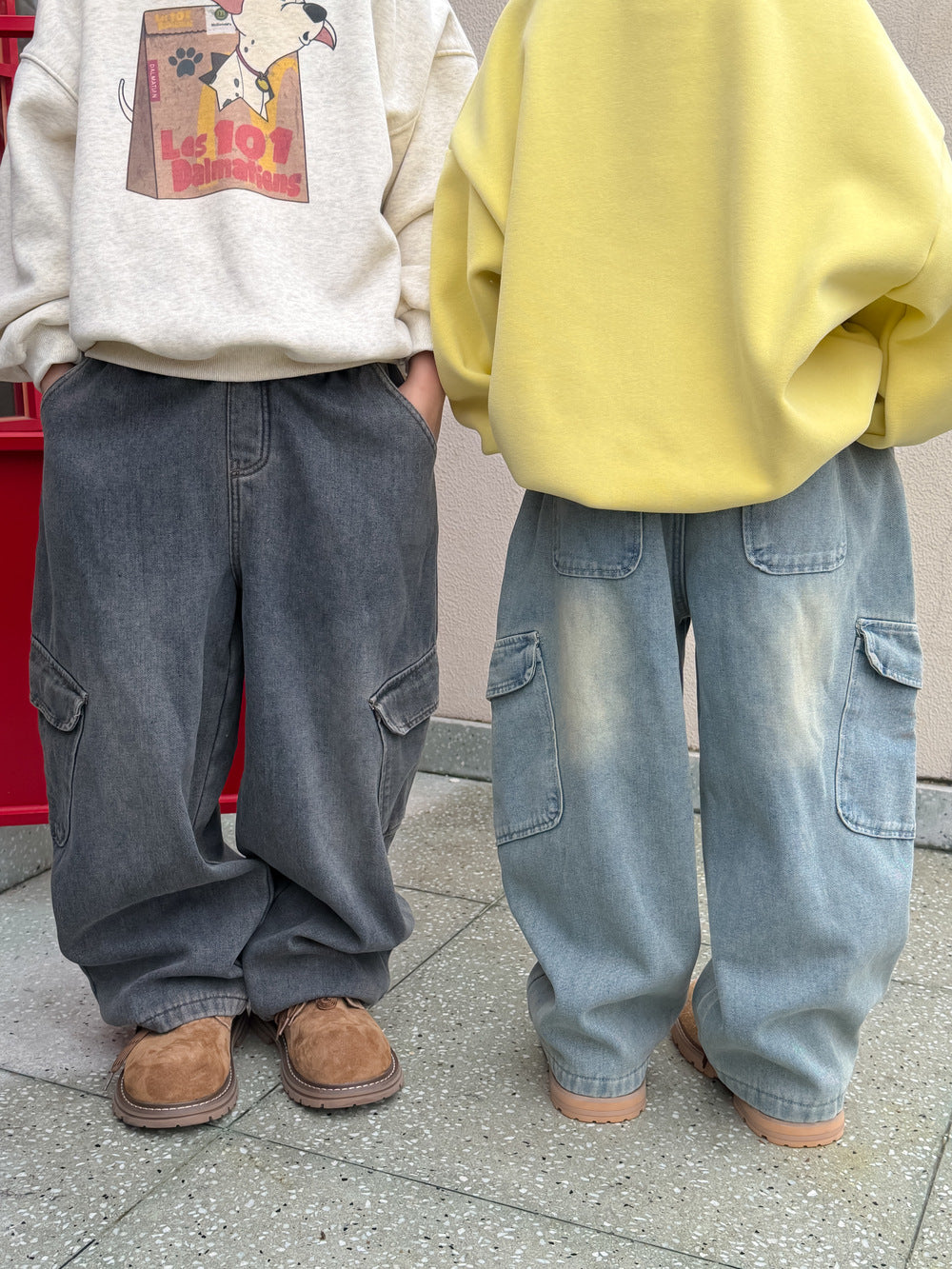 デニムカーゴパンツ 裏フリース ボーイフレンドストレート ポケット ジーンズ【mh0011876】