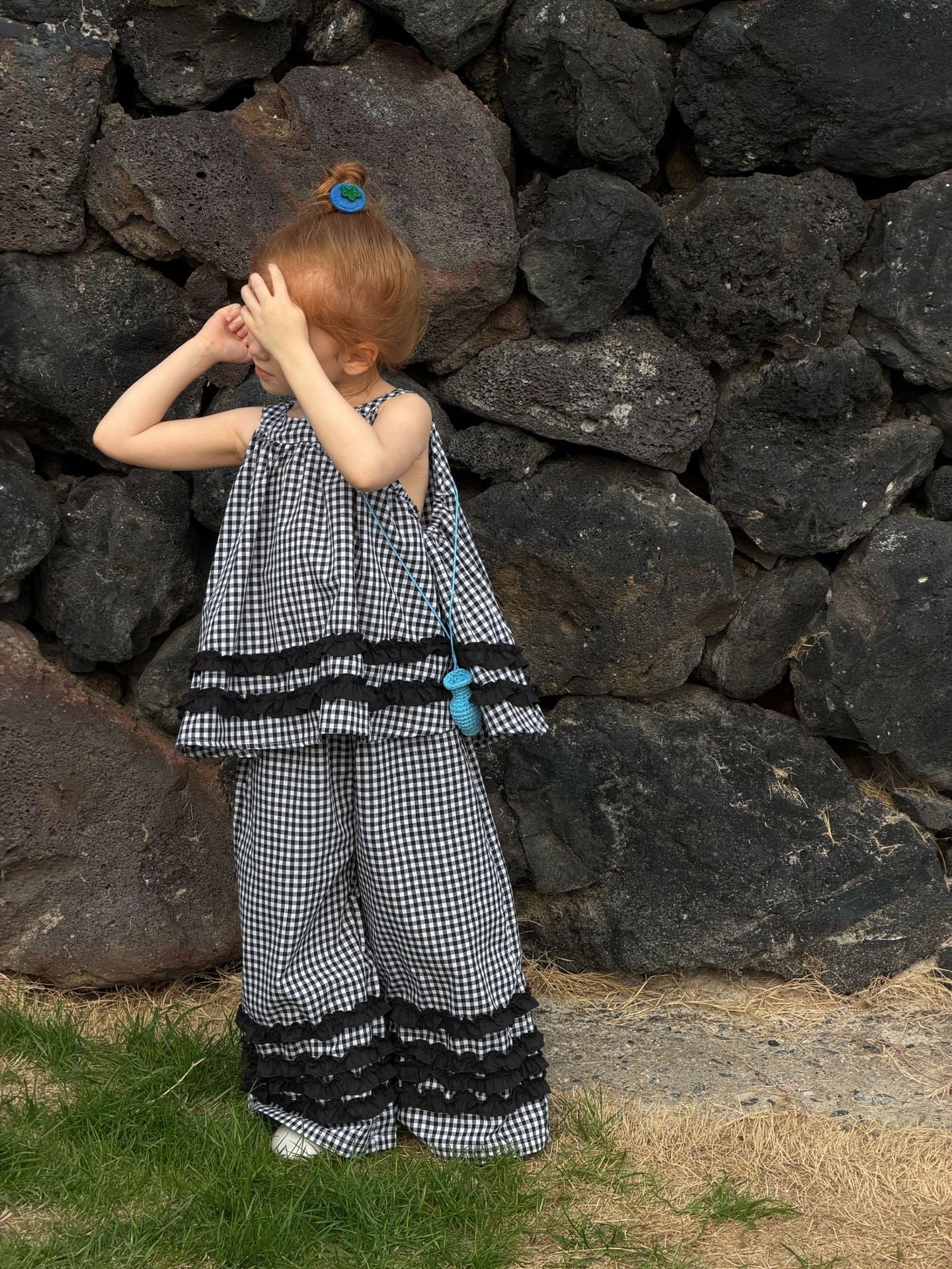 Sleeveless Casual Plaid Two-Piece Set ラッフル ノースリーブトップス ロングパンツ セット【mh0013412】