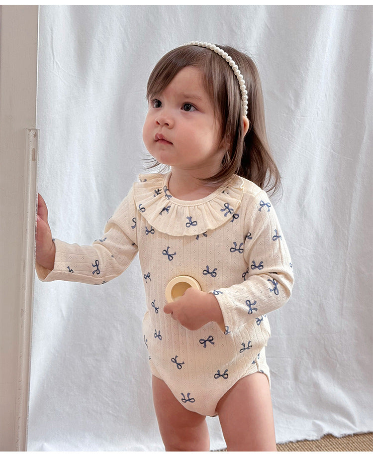 -ハート/リボンプリントラッフル襟長袖ロンパース【mh0010735】 - mamahalo shop - 長袖ロンパース -  べビー服 - 子供服 - 男の子 - 女の子