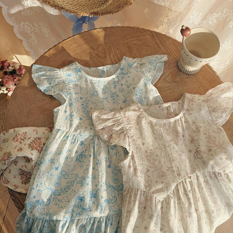 Floral Rabbit Flutter Sleeve Tiered Dress アニマル 半袖ワンピース【mh0013655】