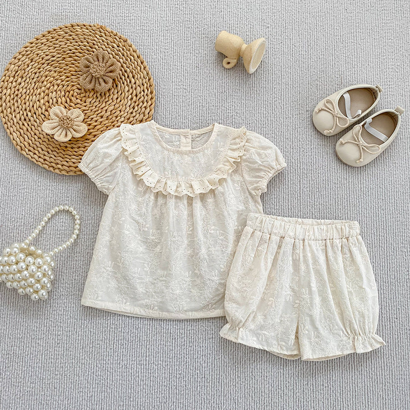 Embroidered Ruffle Romper And Blouse Shorts フリル ロンパース ブラウス ショートパンツ【mh0013163】