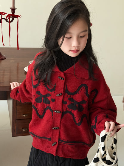 Knit jacket with collar, cherry print, thick cardigan, toggle buttons [mh0011863]