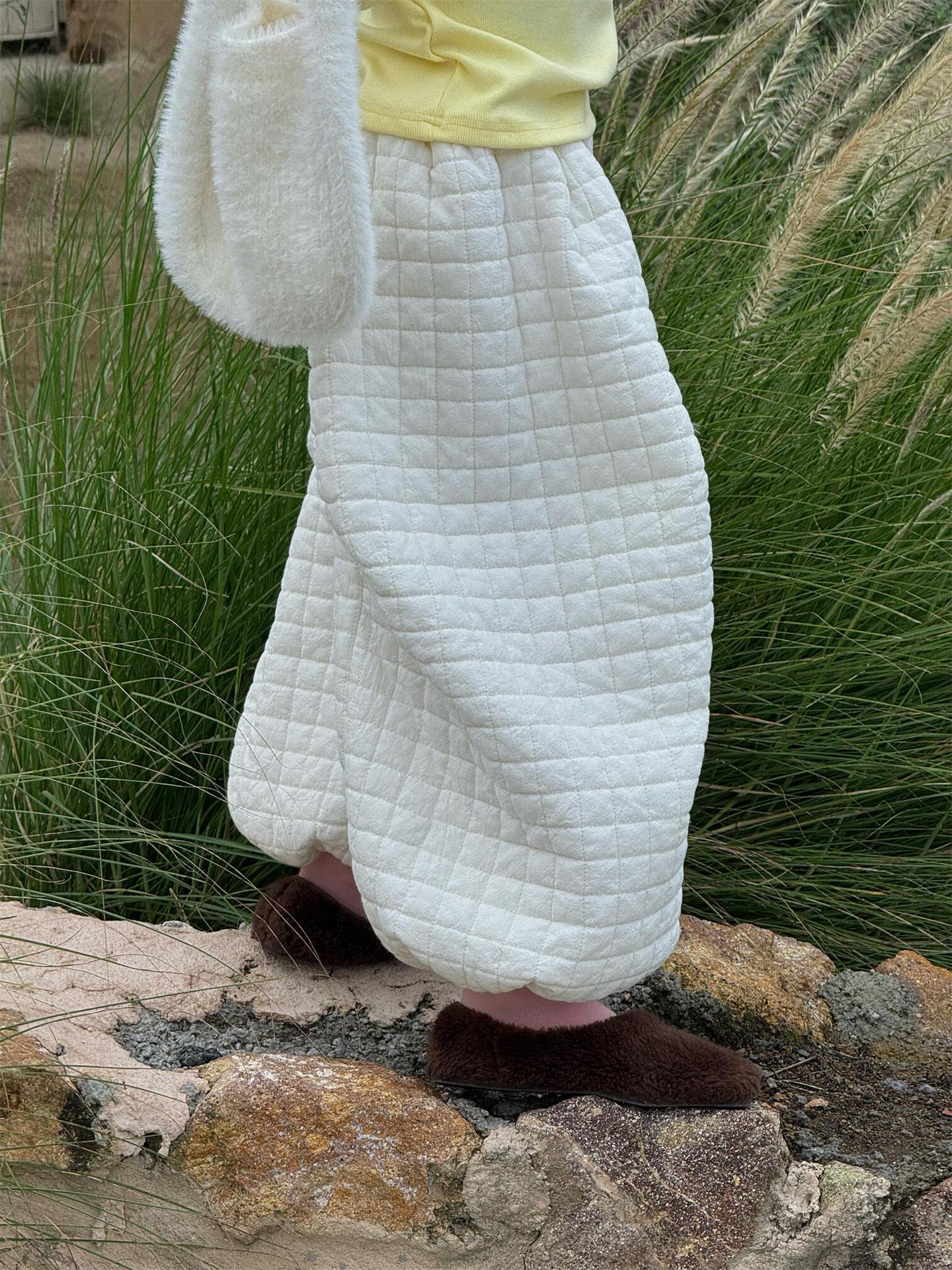 ロングパンツ キルティング もこもこ コットン ワイドレッグ あったか カジュアル【mh0011742】