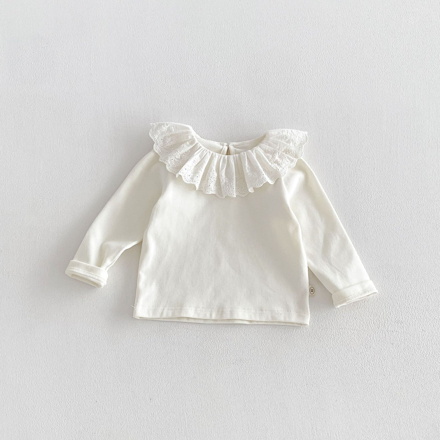 Camiseta de manga larga con cuello y dobladillo de volantes para niñas y pantalón acampanado【mh0014029】