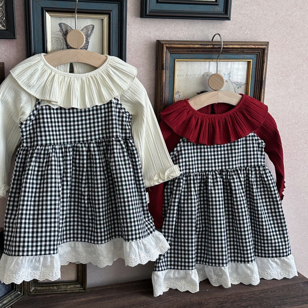 Vestido camisero de tirantes para bebé y niña con estampado de cuadros vichy, cuello con volantes, acabado en ondas y detalle de encaje, incluye camiseta de manga larga 【mh0014481】