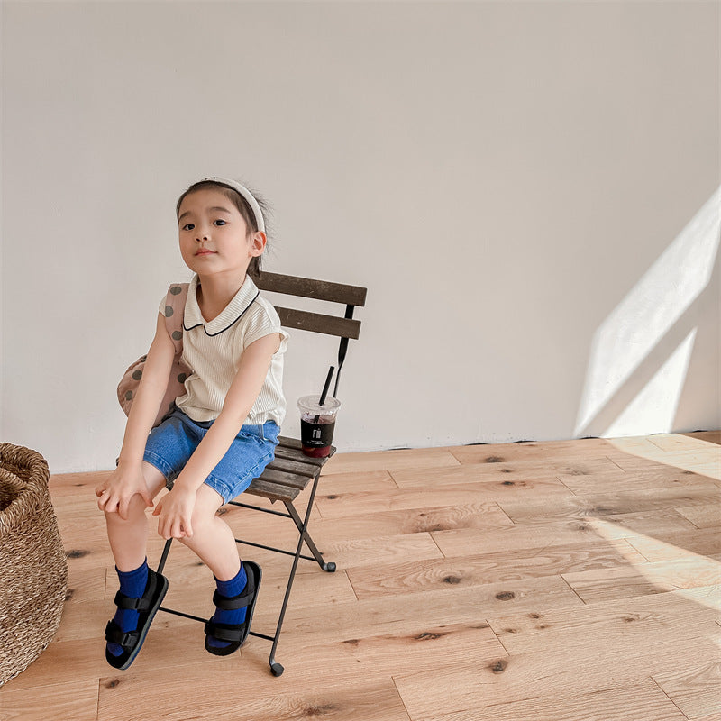 Kids' Ribbed Sleeveless T-shirt with Collar and Round Neck【mh0001795】