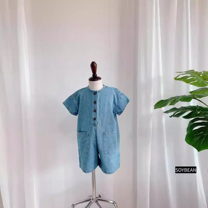 Kids' Denim Button Pocket Loose Short-Sleeve All-in-One [mh0000538]