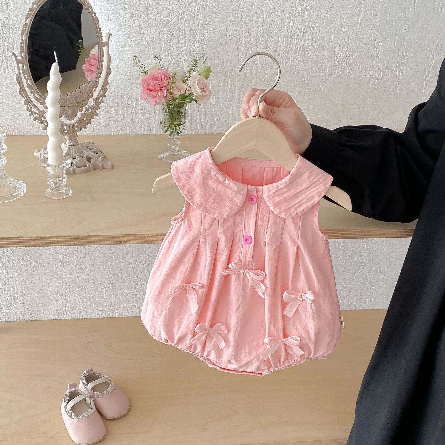 Sleeveless Bow Collared Plisse Dress Romper 立体リボン ノースリーブロンパース ノースリーブワンピース【mh0013434】