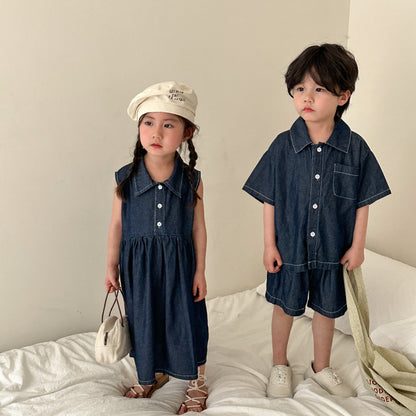 キッズ用デニムノースリーブワンピース＆半袖シャツショートパンツ