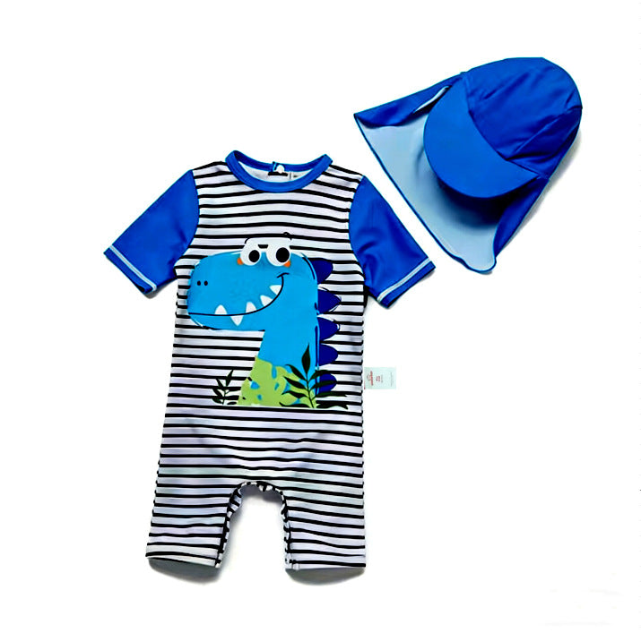 One-Piece Sun Protection Surf Wear プリント 半袖水着 帽子セット【mh0013319】