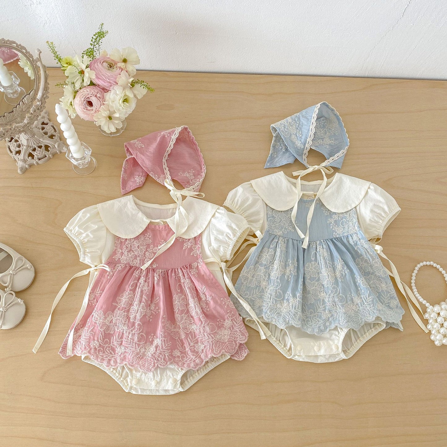 Floral Embroidery Romper Set フラワー 刺繍ロンパース セット【mh0013417】