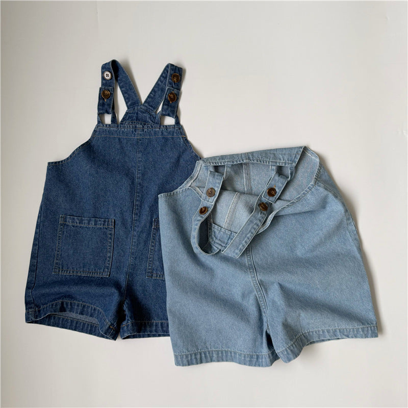 Denim Button Suspender Shorts デニム サロペットショートパンツ【mh0013646】