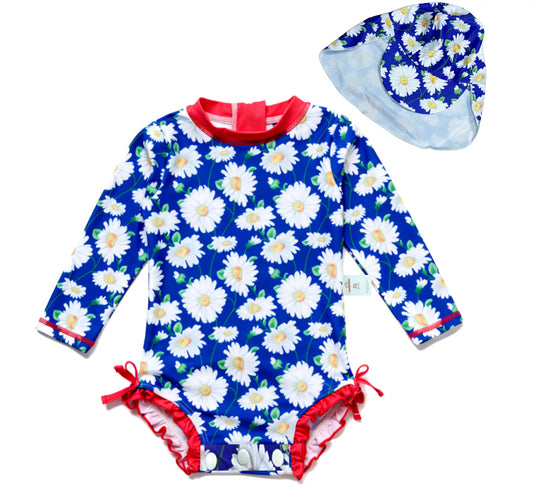 Baby Girls One-piece Sun Protection Surf Suit ボタニカル 長袖水着 帽子セット【mh0013317】