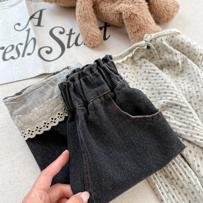 -裾レース付きデニムパンツ ジーンズ【mh0010805】 - mamahalo shop - デニムパンツ -  べビー服 - 子供服 - 男の子 - 女の子