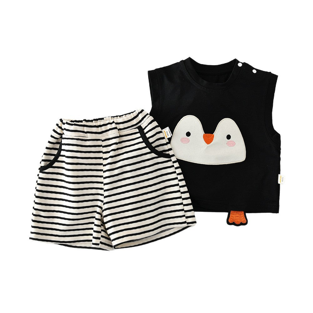 Penguin Applique Sleeveless Set ボーダー ノースリーブTシャツ セット【mh0012846】