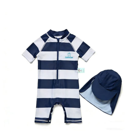 One-Piece Sun Protection Surf Wear プリント 半袖水着 帽子セット【mh0013319】