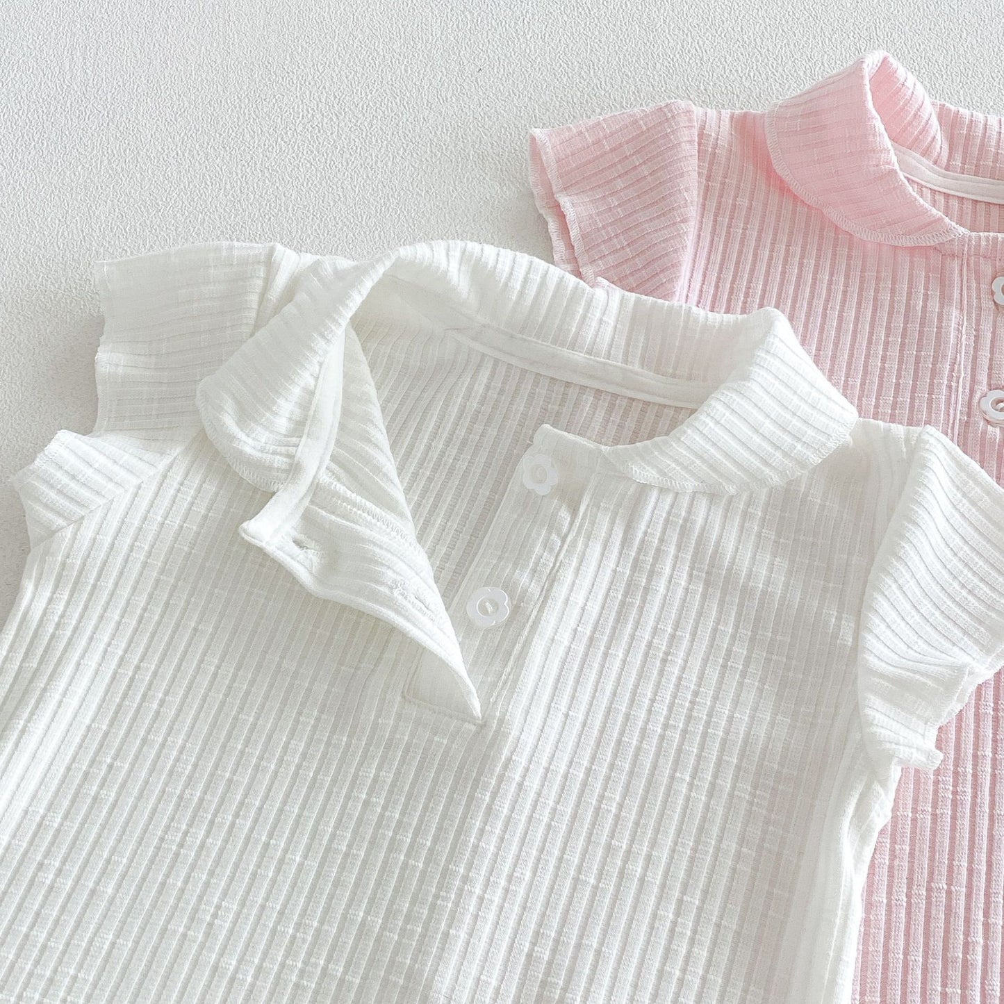Ribbed Lapel Collar Puff Sleeve Polo Top メロウ 半袖ポロシャツ【mh0013431】