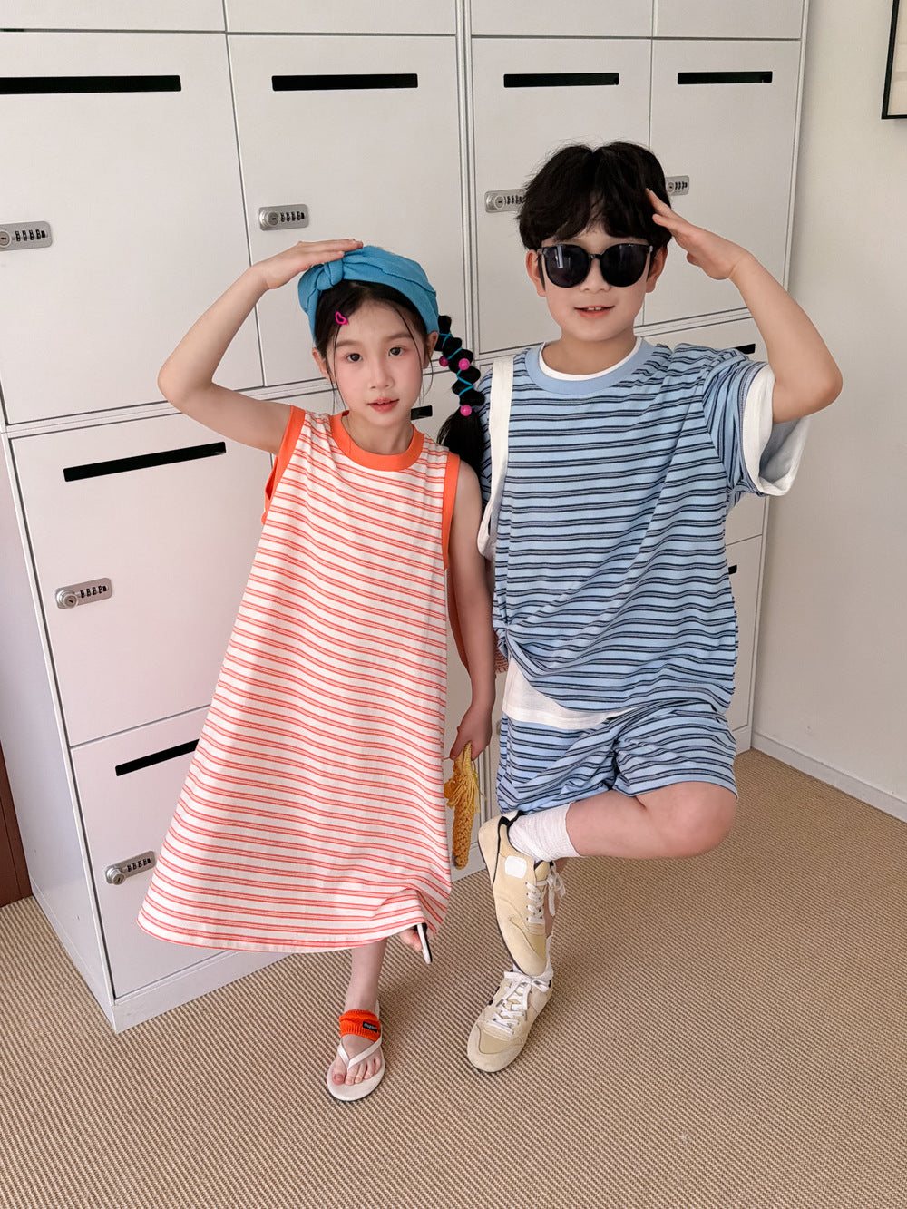 Casual Stripe Navy Orange Set ボーダー 半袖Tシャツ ハーフパンツ セット ノースリーブワンピース【mh0013531】