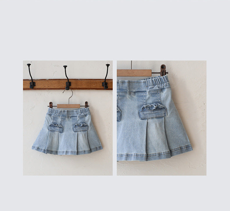 -プリーツフリルポケットデニムスカート イージーウエストミニスカート【mh0010828】 - mamahalo shop - スカート -  べビー服 - 子供服 - 男の子 - 女の子