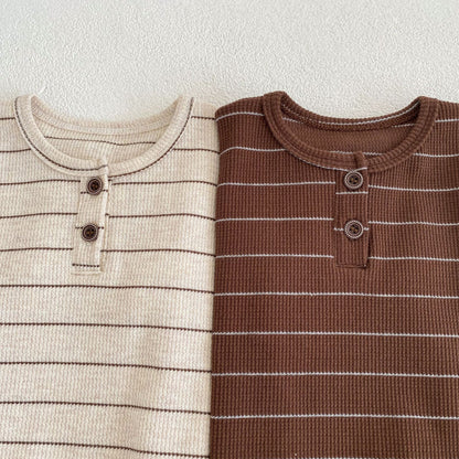 ベビー用ボーダー ヘンリーネック半袖Tシャツ&ブルマパンツセット（生成り&ブラウン）