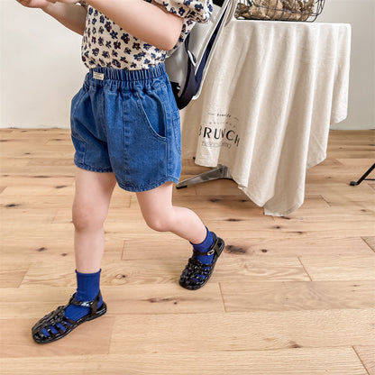 キッズ デニム ショートパンツ ブルー 前ポケット ルーズ フレア気味の裾