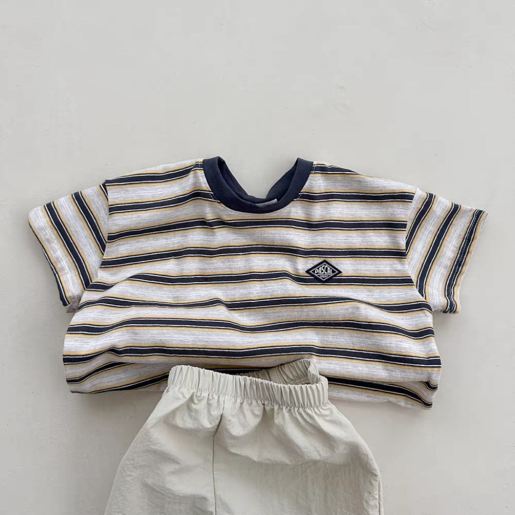 Korean Style INS Striped Men's and Women's Summer Short-Sleeve T-shirt Top, Korean Children's New Versatile Trendy Breathable T-shirt