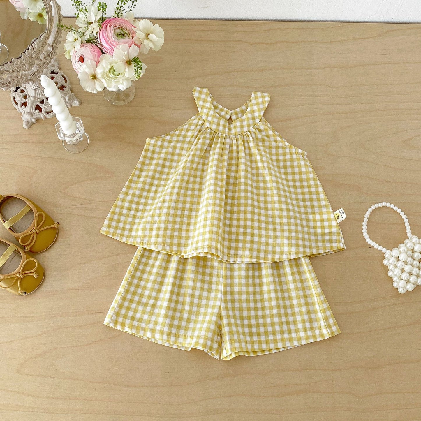 Gingham Halter Set チェック ノースリーブシャツ ショートパンツ セット【mh0013424】