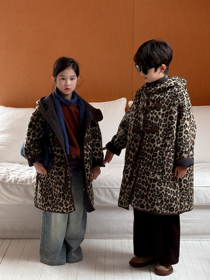 ダッフルコート キッズ レオパード柄 中綿 裏起毛 フード付 ロング丈【mh0011678】