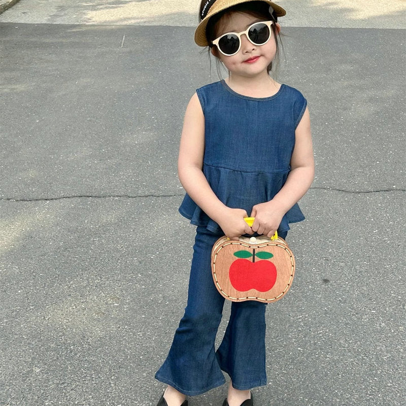Kids' Denim Sleeveless Peplum Blouse and Flare Pants Set [mh0001861]