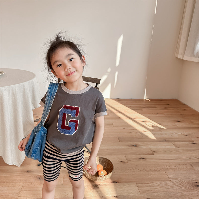 Kids' Alphabet Patchwork Applique Ringer Loose Short-Sleeved T-Shirt [mh0001820]