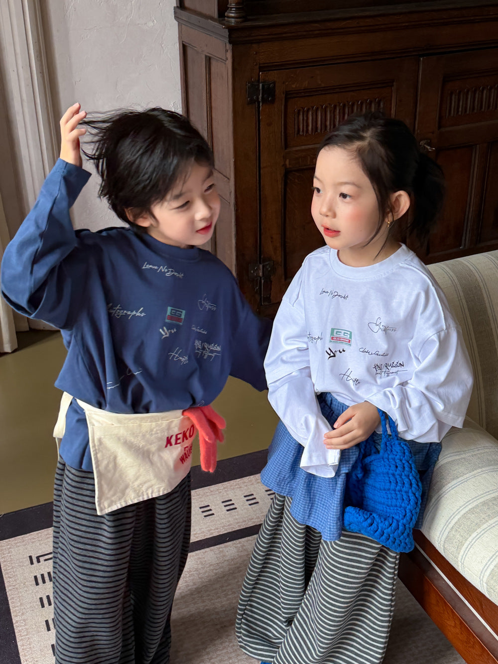 キッズ 英字 プリント レイヤード風 ドッキング ルーズ 長袖Tシャツ【mh0013911】