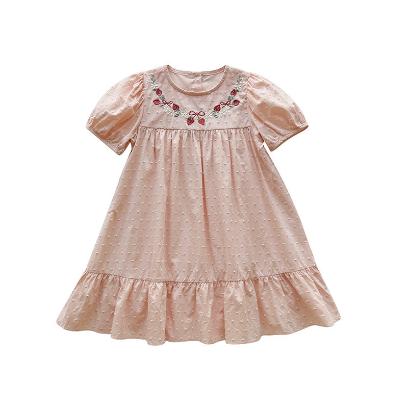Strawberry Embroidery Dotted Cotton Dress いちご 半袖ワンピース【mh0013653】