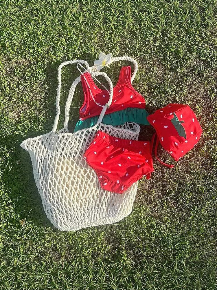 Watermelon Theme Three-Piece Swimwear スイカ タンキニ スイムパンツ スイムキャップ セット【mh0013364】