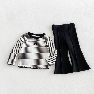 Kids' Striped Ribbon Lettuce-Edge Long-Sleeve T-Shirt and Flare Pants Set [mh0014042]