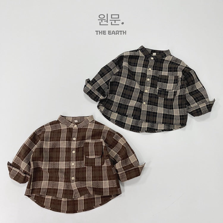 キッズ チェック バンドカラー ルーズ 長袖シャツ【mh0013930】
