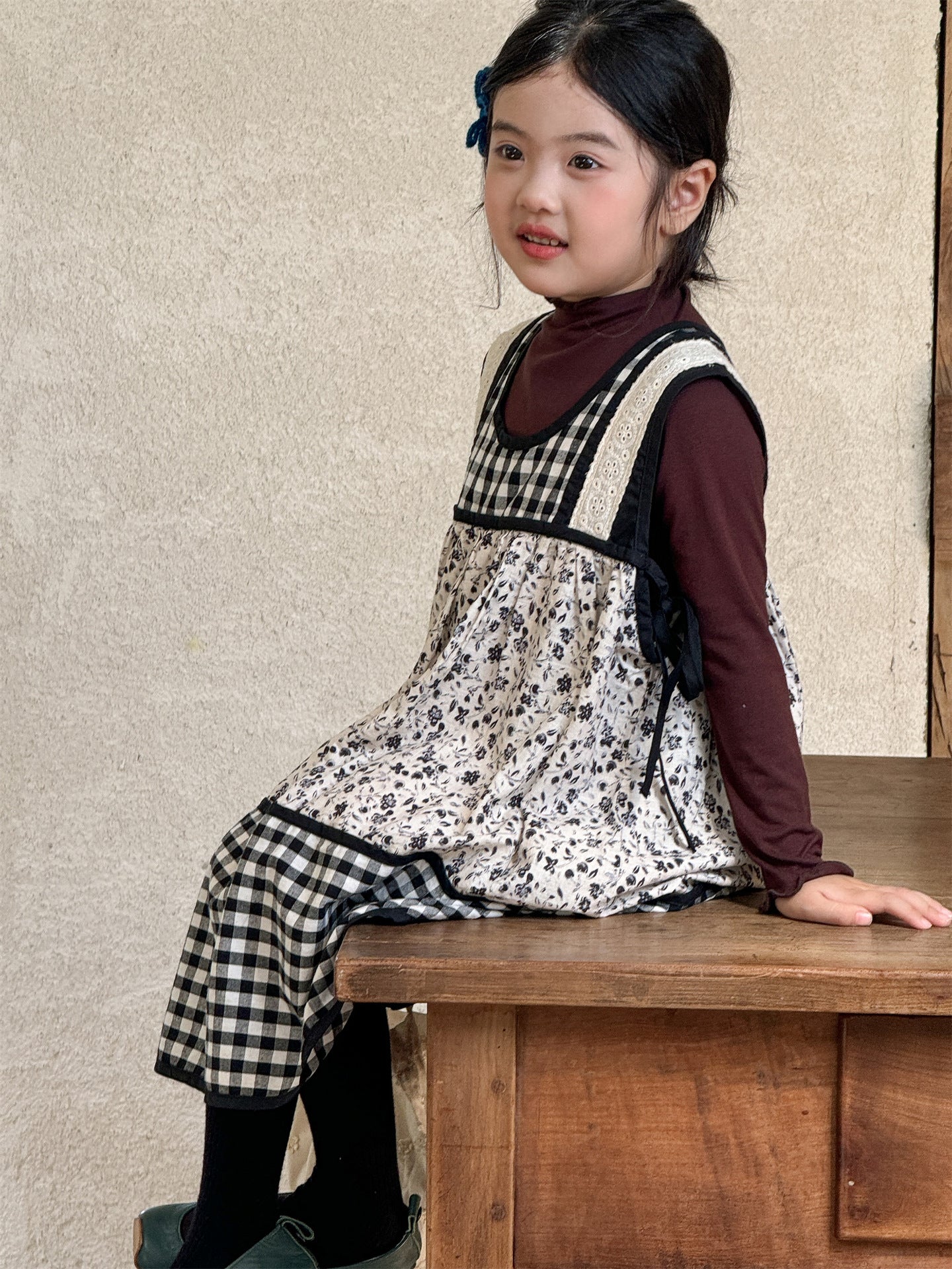 -チェック柄小花プリントノースリーブワンピース レイヤードワンピース【mh0010991】 - mamahalo shop - 長袖セットアップ -  べビー服 - 子供服 - 男の子 - 女の子