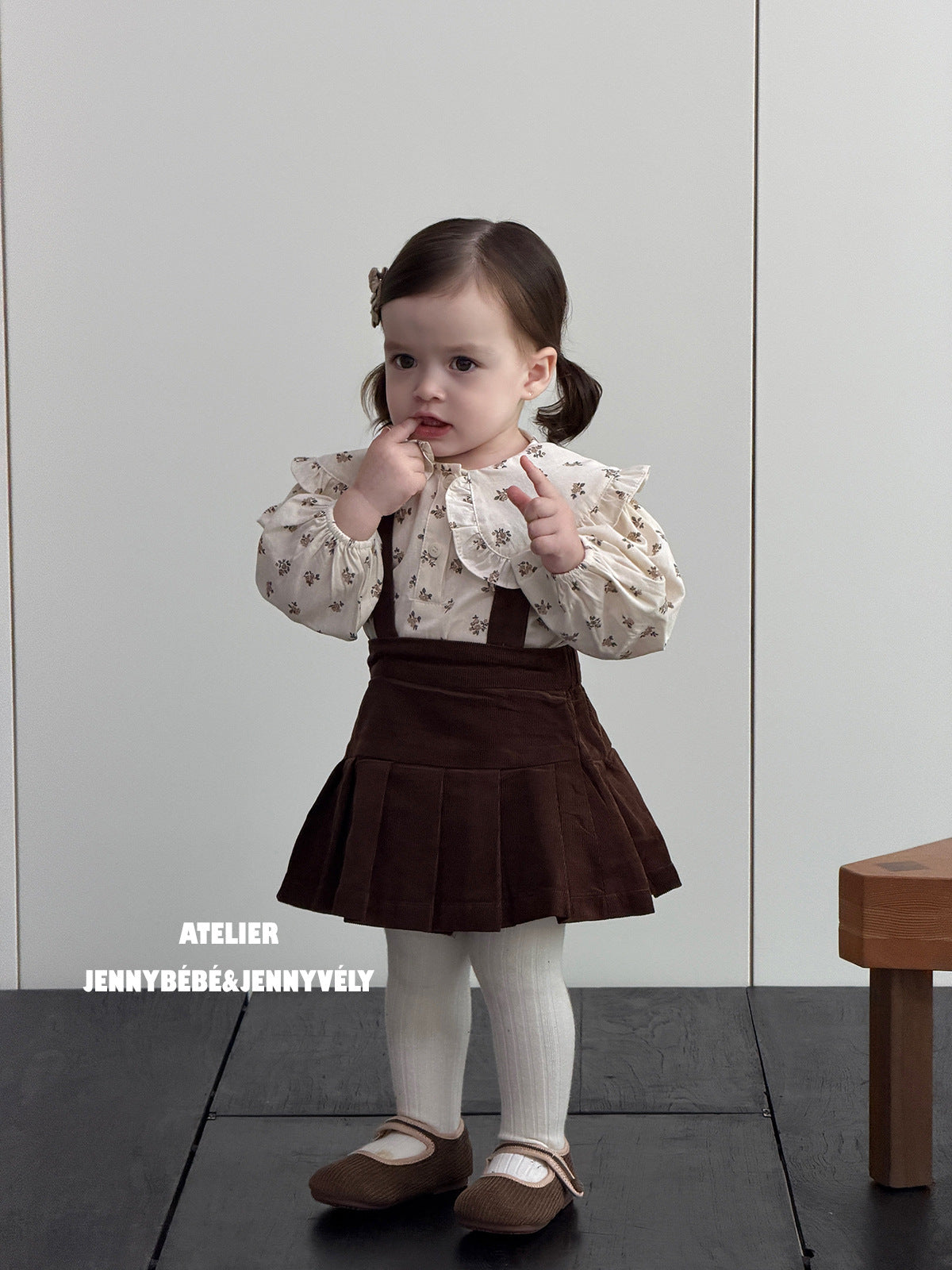 ベビー キッズ 小花柄 長袖ブラウス コーデュロイ サスペンダー プリーツスカートブルマ【mh0014678】